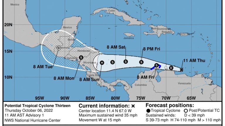 Potential Tropical Cyclone 13 expected to become hurricane in southern Caribbean