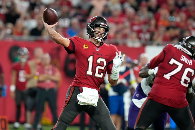 Tampa Bay Buccaneers quarterback Tom Brady throws during the second half of an NFL football game against the Baltimore Ravens Thursday, Oct. 27, 2022, in Tampa, Fla. (AP Photo/Chris O'Meara)