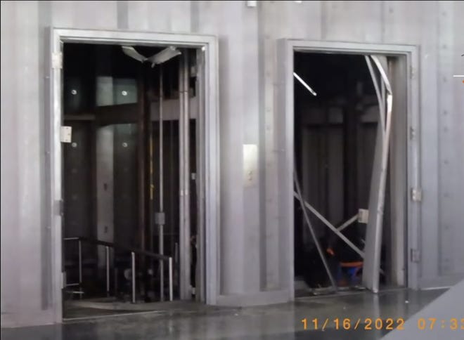 A video screenshot shows blown out elevator doors on the mobile launcher at Kennedy Space Center after the Artemis I mission launched on Nov. 16, 2022.