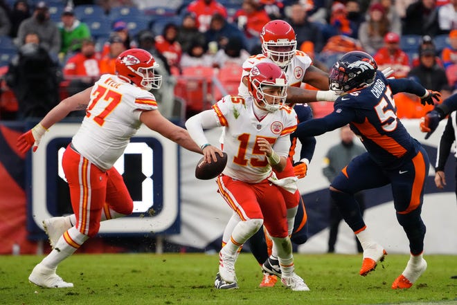 Bradley Chubb (55), then with the Broncos, pressures Chiefs quarterback and nemesis Patrick Mahomes.