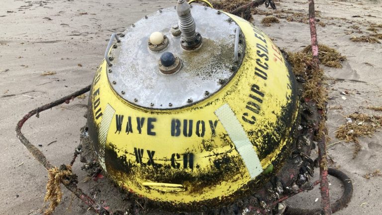 Yellow, metal buoy gathers wave data for Scripps Institution of Oceanography in San Diego
