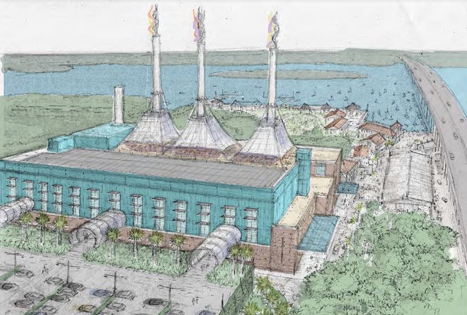 The old Vero Beach power plant at 17th Street and Indian River Boulevard is seen looking east in a rendering done Jan. 31, 2020, by DPZ, city planning consultants. One proposal for the three corners the city owns there is to turn the plant into a conference center and adjacent hotel with rooftop dining, perhaps under awnings attached to the smokestacks. Parking is depicted, lower left.