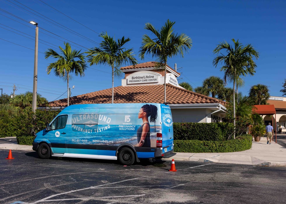The ultrasound van parked on a Saturday outside Miracle House on 45th Street. The  "pregnancy support center" is operated by the Diocese of Palm Beach, which says no religious services occur on weekdays during business hours.