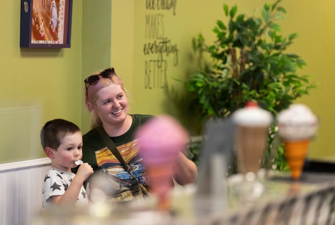 Morgan Kornblum and her son Joseph, 4, speak with  Edgar Orjuela, owner of Pistachio's Ice Cream and Gelato, on Wednesday, July 20, 2022 in Port St. Lucie. "The temperature has to be perfect," said owner Edgar Orjuela, adding that he makes flavors such as pistachio and banana using fresh ingredients and not artificial flavoring.