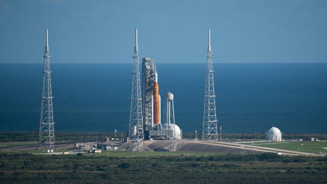 NASA’s Space Launch System (SLS) rocket with the Orion spacecraft aboard is seen atop a mobile launcher at Launch Complex 39B at NASA’s Kennedy Space Center in Florida.