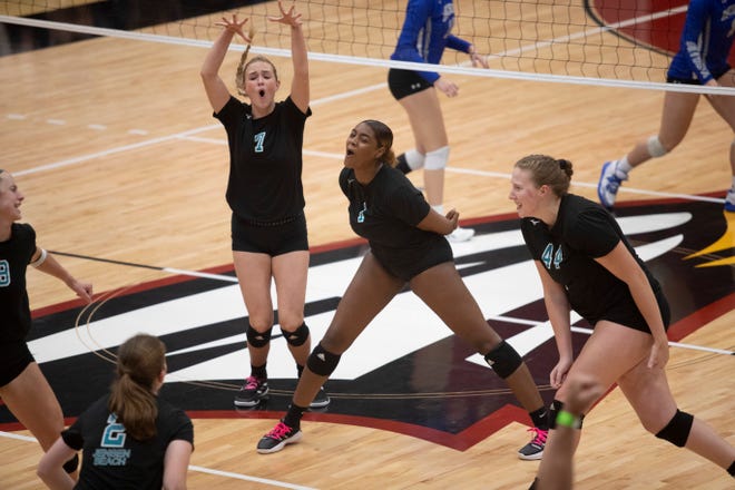 Jensen Beach celebrates a point in the FHSAA Class 5A volleyball state championship on Saturday, Nov. 12, 2022, at Polk State College in Winter Haven.