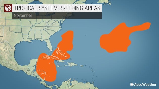 Tropical system breeding areas in November.