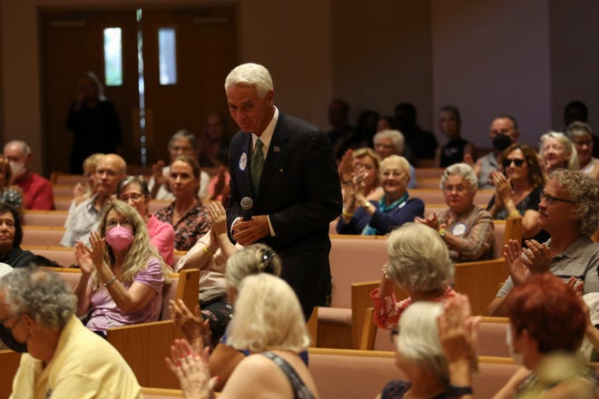 Gubernatorial Candidate Charlie Crist speaks to a crowd during an event at the Unitarian Universalist Fellowship Thursday, July 7, 2022, in Vero Beach. Crist, former Republican governor of Florida, is running again this year as a Democrat. “That’s why I’m running for governor,” Crist said. “To help teachers and schools, to improve our environment and really do what we are supposed to do to be good stewards of the land and water. To make sure women have the right to choose and to actually believe in freedom.”