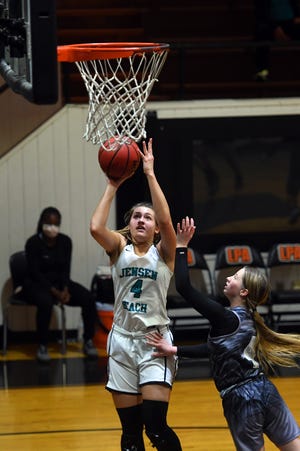 Jensen Beach High School's Lauren Cioffi goes up for a shot at the basket on Tuesday, Dec. 21, 2021, during the championship game against Wade Christian in the Lincoln Park Academy Holiday Tournament in Fort Pierce. Jensen won the game with a final score of 56-20.