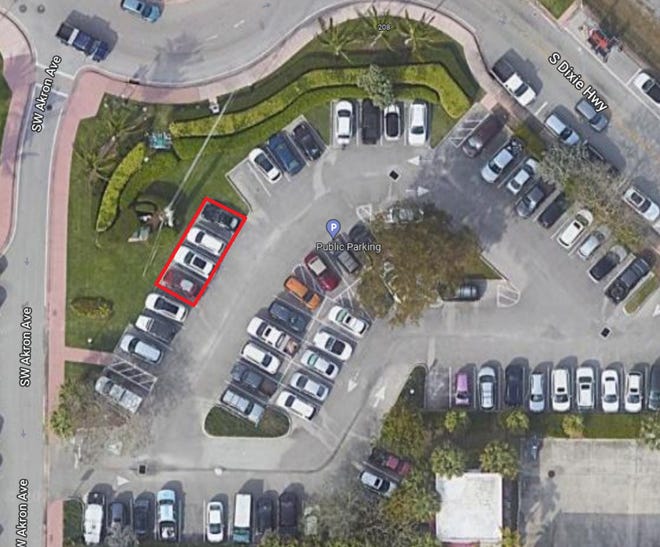 An aerial view of the Sailfish Circle parking lot shows four parking spots that are slated for level 3 universal charging stations in downtown Stuart. The City Commission on Nov. 28, 2022 approved a 10-year agreement with Florida Power & Light Co. to install the chargers at the company's expense.