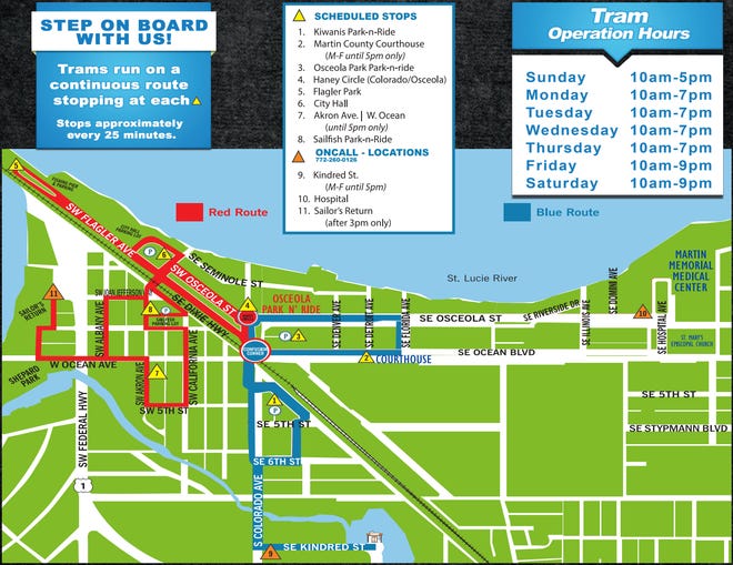A map shows the routes, locations and operation hours for the downtown Stuart tram service.