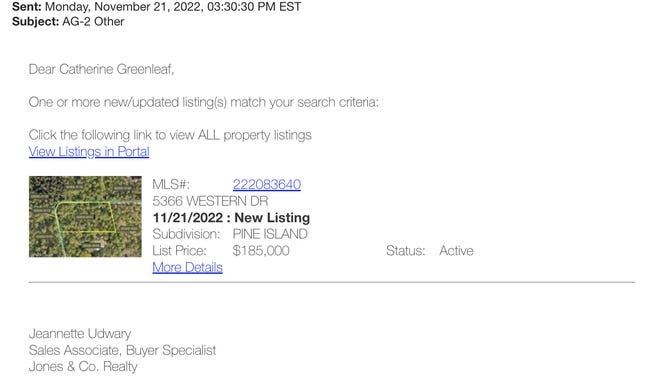 A screenshot of the email Catherine Greenleaf received Nov. 21, 2022 advertising her own property for sale. Experts say these vacant lot scams are common in hot property markets like Southwest Florida.