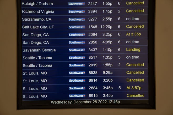 Southwest Airlines flights continue to show as cancelled at Midway International Airport Wednesday, Dec. 28, 2022, in Chicago.