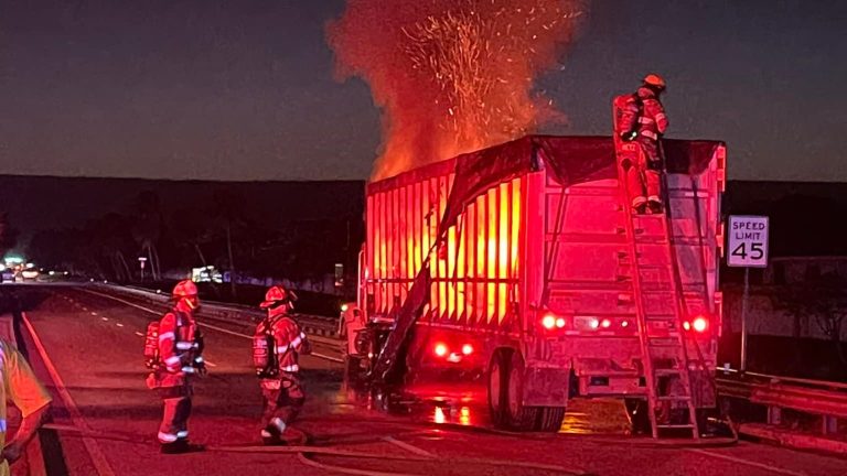 Fire crews clear Oslo Road after construction debris blaze; All lanes to soon reopen, officials say