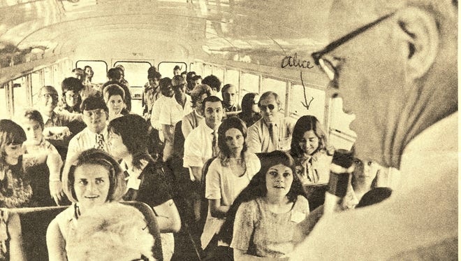 The bus tour for new teachers of the county guided by Jack Smouse in August 1972.  Some new teachers who became long-time career teachers; left side, Charles Red, Bertha McManus, back right side is Henry Flower and on the front right, Alice Kershaw Luckhardt.
