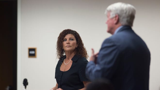 Defense attorney Nelly King represents Austin Harrouff, who is accused of murdering Jupiter couple John Stevens III and Michelle Mischon, at a hearing Friday, Sept. 29, 2017 at the Martin County Courthouse in Stuart. From his hospital room before his arrest in 2016, Harrouff gave an interview to Phillip McGraw of the "Dr. Phil Show" discussing the crime and his mental state. Friday's hearing related to the episode, with prosecutors requesting copies of unaired footage.