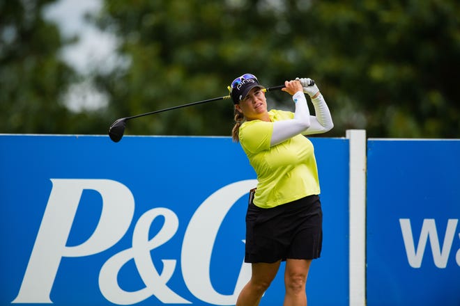 Jackie Stoelting tees off on hole one during the final round of the LPGA's Walmart NW Arkansas Championship golf tournament at Pinnacle Country Club Aug 30, 2020.