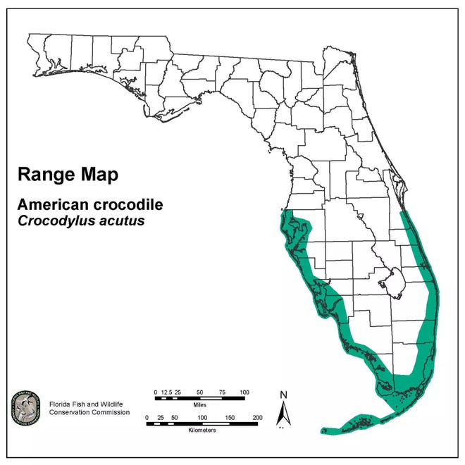 Range map for the American crocodile in Florida.