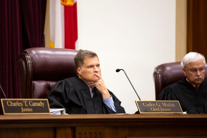 Florida Supreme Court Chief Justice Carlos Muniz listens to arguments on Wednesday, Dec. 7, 2022 in a case concerning Marsy's Law.