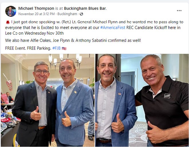 A Facebook post by Michael Thompson shows him with Michael Flynn, left, and Collier County businessman Alfie Oakes, right. Thompson, who is wearing the light blue blazer in both photos, is running for Lee County GOP chair.