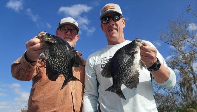 DeLand residents Donnie McCormick (left) and John Patterson showing off part of their limit of speckled perch they brought back to the docks at Highland Park.