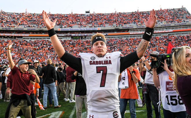 South Carolina quarterback Spencer Rattle celebrates the Gamecocks' 31-30 victory over Clemson on Nov. 26.