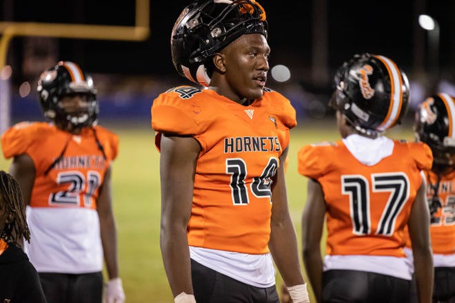 Hawthorne’s Jailen Ruth prepping for the 3rd quarter during the game at Union County High School in Lake Butler, FL on Friday, October 14, 2022. [Jesse Gann/Gainesville Sun]
