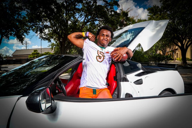Shawn Russ, Dunbar, No. 5 recruit in the Naples Daily News and The News-Press' The Big 15 for 2022. Corvette Stingray courtesy Larry Crowley of Crowley Construction.