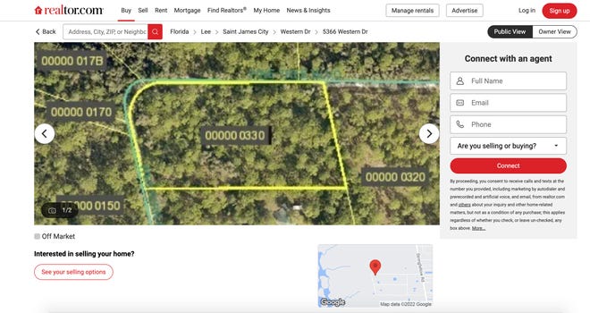 A screenshot of the Realtor.com listing of the Greenleafs' Pine Island lot. It is now listed as off the market.
