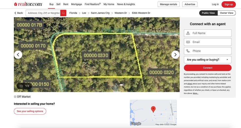 A screenshot of the Realtor.com listing of the Greenleafs' Pine Island lot. It is now listed as off the market.