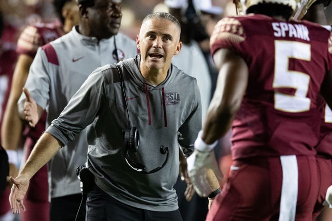 Florida State Seminoles head coach Mike Norvell celebrates a touchdown. The Florida State Seminoles defeated the Boston College Eagles 44-14 at Doak Campbell Stadium on Saturday, Sept. 24, 2022.