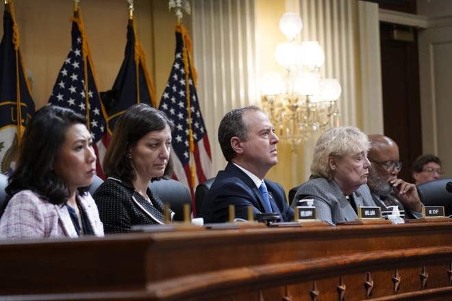 Rep. Stephanie Murphy, D-Fla., from left, Rep. Elaine Luria, D-Va., Rep. Adam Schiff, D-Calif., Rep. Zoe Lofgren, D-Calif.,Â and Chairman Bennie Thompson, D-Miss., listen as the House select committee investigating the Jan. 6 attack on the U.S. Capitol holds a hearing at the Capitol in Washington, June 28, 2022.