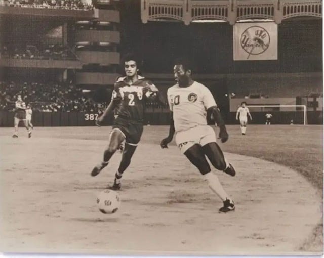 Farrukh Quraishi of the Tampa Bay Rowdies defends against Pele of the New York Cosmos during a match in Yankee Stadium during the 1976 season.
(Photo: Ed Clough)