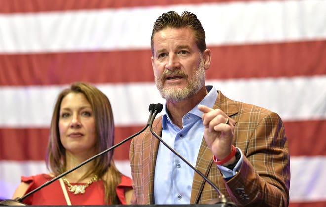 Incumbent Republican Greg Steube won the race for the U.S. House of Representatives District 17 seat Tuesday night, gives acceptance speech during the Republican election day party at Robarts on Tuesday night with his wife Jennifer Steube by his side.