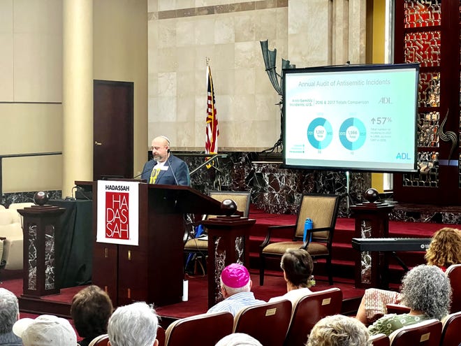 Eric Ross, Anti Defamation League senior associate director for Jewish Community Outreach and Antisemitism, addresses a crowd on Feb. 5 at Temple Beit Hayam in Stuart about the rise of antisemitism in recent years in the United States.