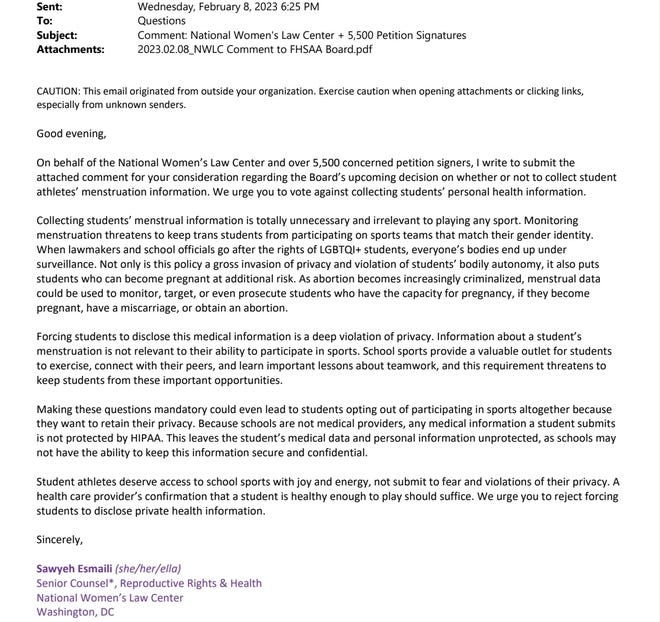 The National Women's Law Center was one of several people and organizations that launched petitions to oppose the FHSAA's recommendation that menstrual history questions become mandatory.