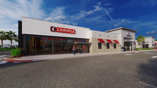 A rendering shows proposed Chipotle Mexican Grill and Heartland Dental storefronts on Kanner Highway in Martin County near Interstate 95. If approved, the commercial plaza would also have a Starbucks.