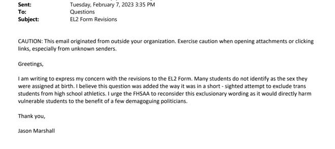 Jason Marshall tells the FHSAA that questions about menstrual history can "out" transgender athletes, such as male athletes who get periods and female athletes who do not get periods. The questions were later removed from the form.