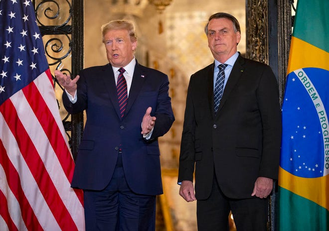 Then-President Donald Trump with Brazilian President Jair Bolsonaro at Mar-a-Lago in Palm Beach on March 7, 2020.