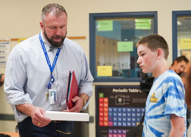 Martin County School District Superintendent John Millay visits Murray Middle School on the first day of school Wednesday, Aug. 10, 2022, in Port Salerno.