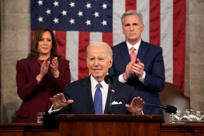 February 8, 2023: President Joe Biden delivers the State of the Union address to a joint session of Congress at the U.S. Capitol, in Washington, as Vice President Kamala Harris and House Speaker Kevin McCarthy of Calif., applaud.