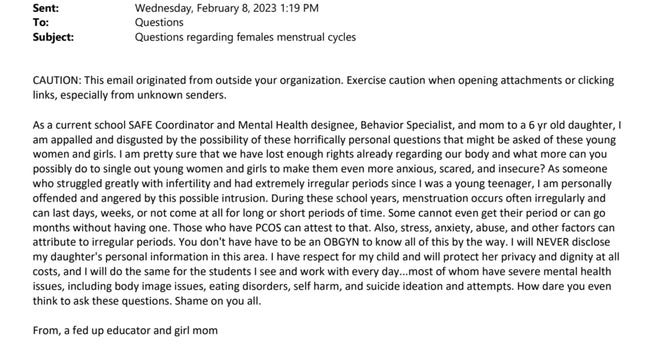 A parent of a 6-year-old girl in Florida tells the Florida High School Athletic Association there are many reasons for irregular periods in young women.