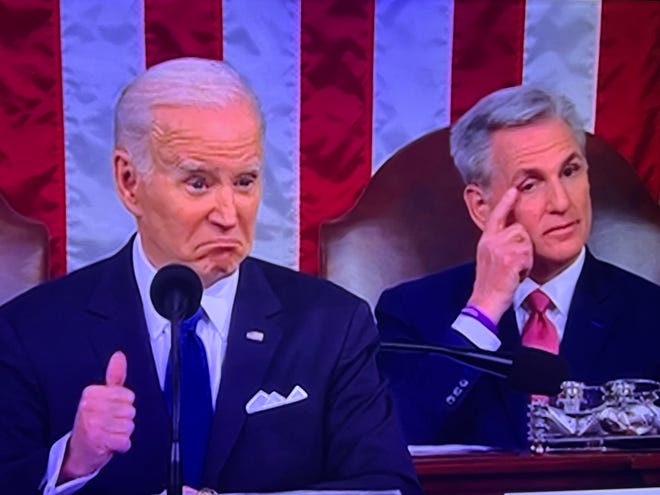 President Joe Biden gives a thumbs up after getting a commitment to protect Social Security and Medicare from Republicans attending Tuesday night's State of the Union address.