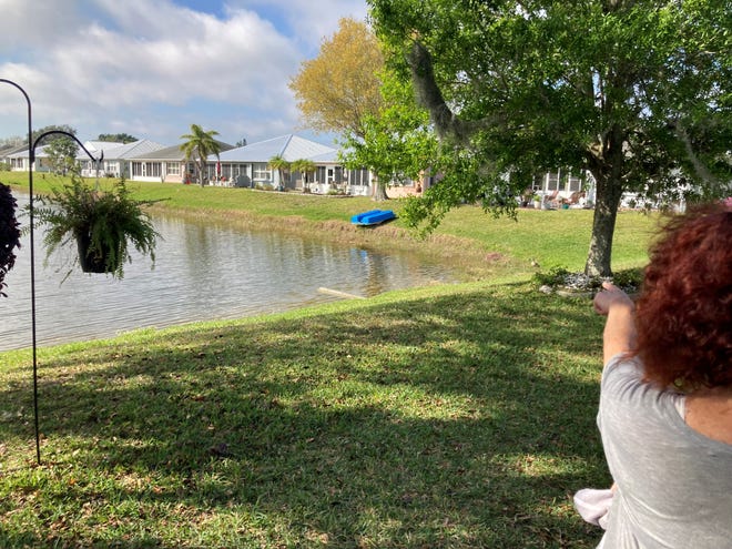 Judy Murray gestures to where an alligator attack occurred Feb. 20, 2023, near the blue boat. Murray lives on Aguila Avenue in Spanish Lakes Fairways in St. Lucie County not far from Interstate 95. Her neighbor, an 85-year-old widow, died after an alligator grabbed her dog and she struggled to get the dog away before falling victim herself. The dog survived. Fire rescue workers recovered the woman's body from the pond. A contracted nuisance alligator trapper captured the alligator.