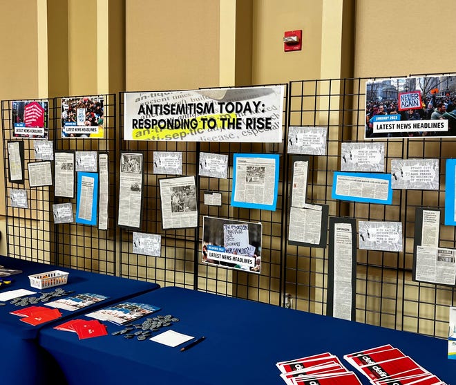 A display created to display latest headlines about antisemitism around the world at Temple Beit Hayam in Stuart on Feb. 5.
