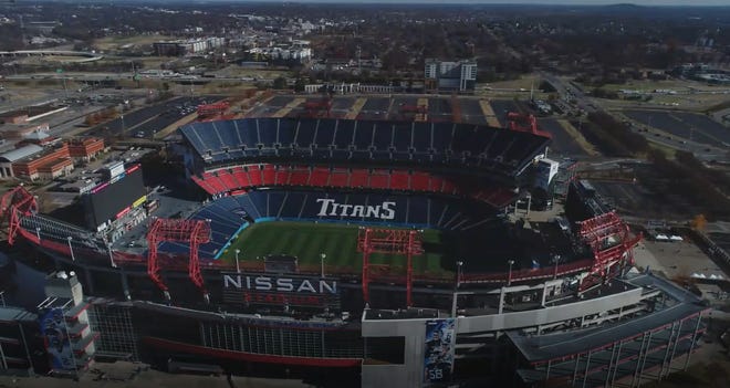 Aerial view of Nissan Stadium.