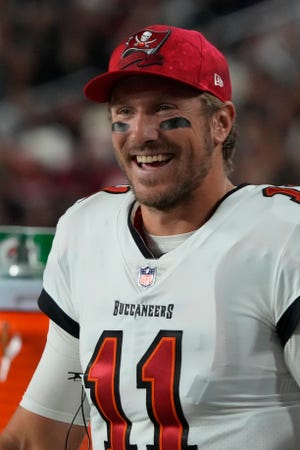 Tampa Bay Buccaneers quarterback Blaine Gabbert (11) during the second half of an NFL football game against the Arizona Cardinals, Sunday, Dec. 25, 2022, in Glendale, Ariz. (AP Photo/Rick Scuteri)