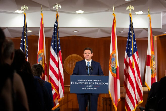 Florida Gov. Ron DeSantis announces his budget for the new fiscal year at the Florida Capitol on Wednesday, Feb. 1, 2023 in Tallahassee, Fla.