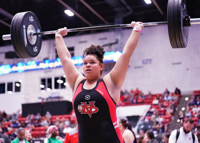 Vero Beach's Arianna Keyes competes in the clean-and-jerk event as part of the Olympic lifts portion of the FHSAA Girls Weightlifting Championships that took place on Saturday, Feb. 18, 2023 at the RP Funding Center in Lakeland.
