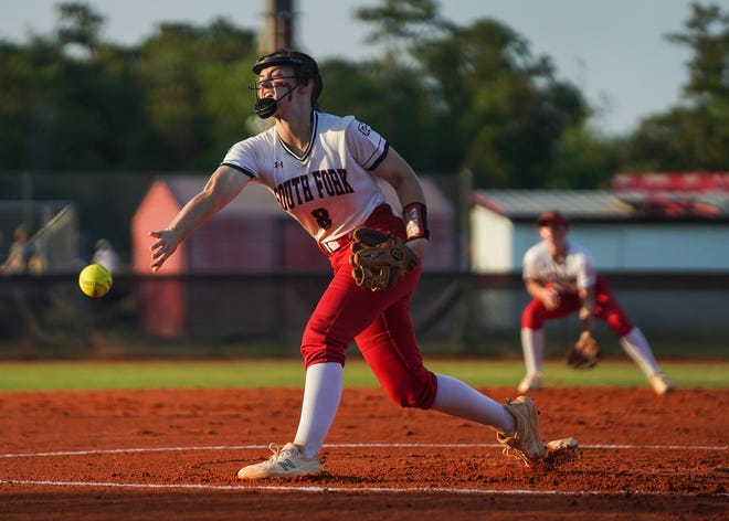 South Fork's Katie Kidwell (8) throws a pitch during the District 8-5A softball championship against Okeechobee Thursday, May 5, 2022, at South Fork High School in Martin County. South Fork won 3-0.